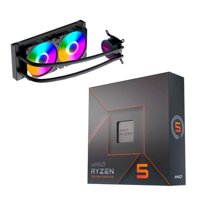 Processador AMD Ryzen 5 7600X, 4.7GHz (5.3GHz Max Turbo), Cache 38MB, 6 Núcleos, 12 Threads, AM5, Com Vídeo Integrado - 100-100000593WOF + Water Cooler MACH1 Logic, RGB, 240mm, AMD e Intel, Preto - GK240