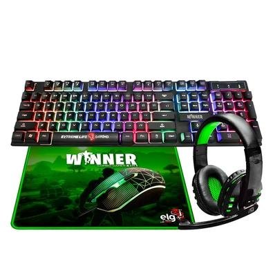 Kit Gamer ELG Winner Teclado/Mouse/Headset/Mousepad, LED Backlight 7 Cores, P2, ABNT2, Preto e Verde - CGWN41