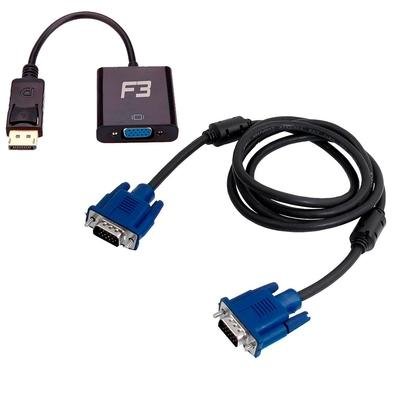 Kit - Cabo VGA MD9, HDB 15M/HDB 15M, 1.8 Metros, Com Filtro - 7777 + Adaptador Displayport para VGA, F3, Preto - JC-CB-DVGA