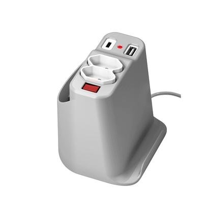 Extensão Elétrica de Mesa OCTOO, com 2 Tomadas, USB e USB-C, Apoio para Celular e Porta Objetos, Prata - 10071