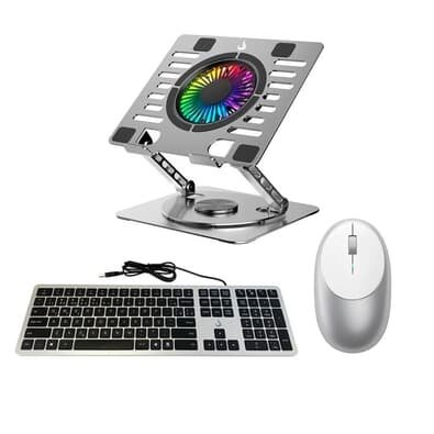 Kit Escritório Metálico - Teclado Slim Rise Mode Preto e Prata + Mouse Sem fio Satechi M1, Prata + Base Articulada de Alumínio p/ Notebook Rise