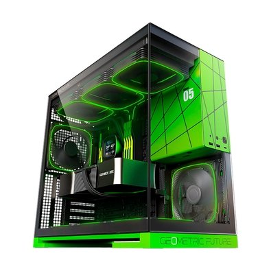 Gabinete Gamer Geometric Future Model 5 Nvidia Style, Mid Tower, ARGB, ATX, Lateral em Vidro, com 5 Fans, Preto e Verde - GEO-M5F-BNV