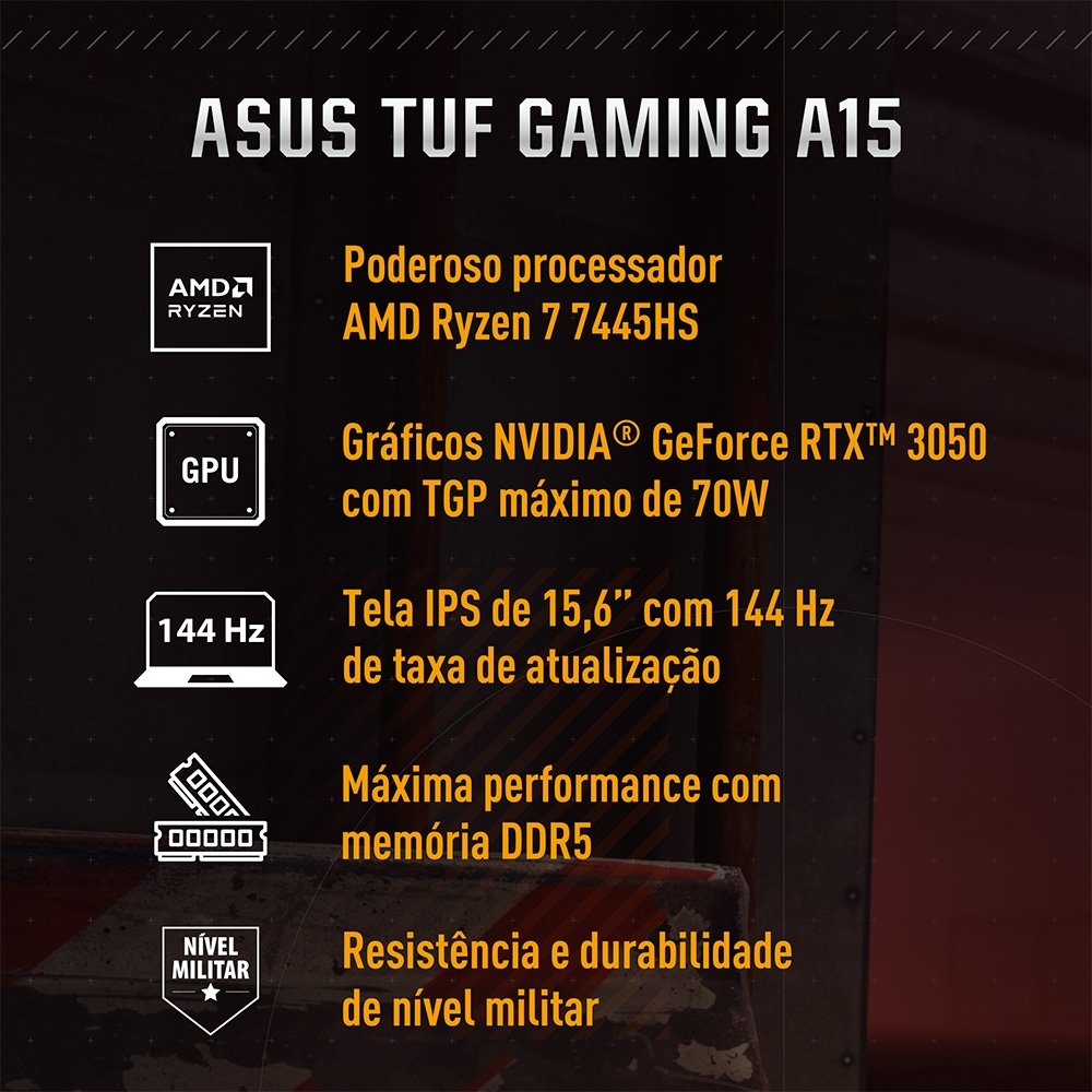 Notebook Gamer ASUS TUF Gaming A15 RTX3050, AMD RYZEN 7 16 GB, 512 GB SSD, KeepOS, Tela 15.6" FHD, Preto Grafite - FA506NCG-HN298 Notebook Gamer ASUS TUF Gaming A15 RTX3050, AMD RYZEN 7 16 GB, 512 GB SSD, KeepOS, Tela 15.6" FHD, Preto Grafite - FA506NCG-HN298