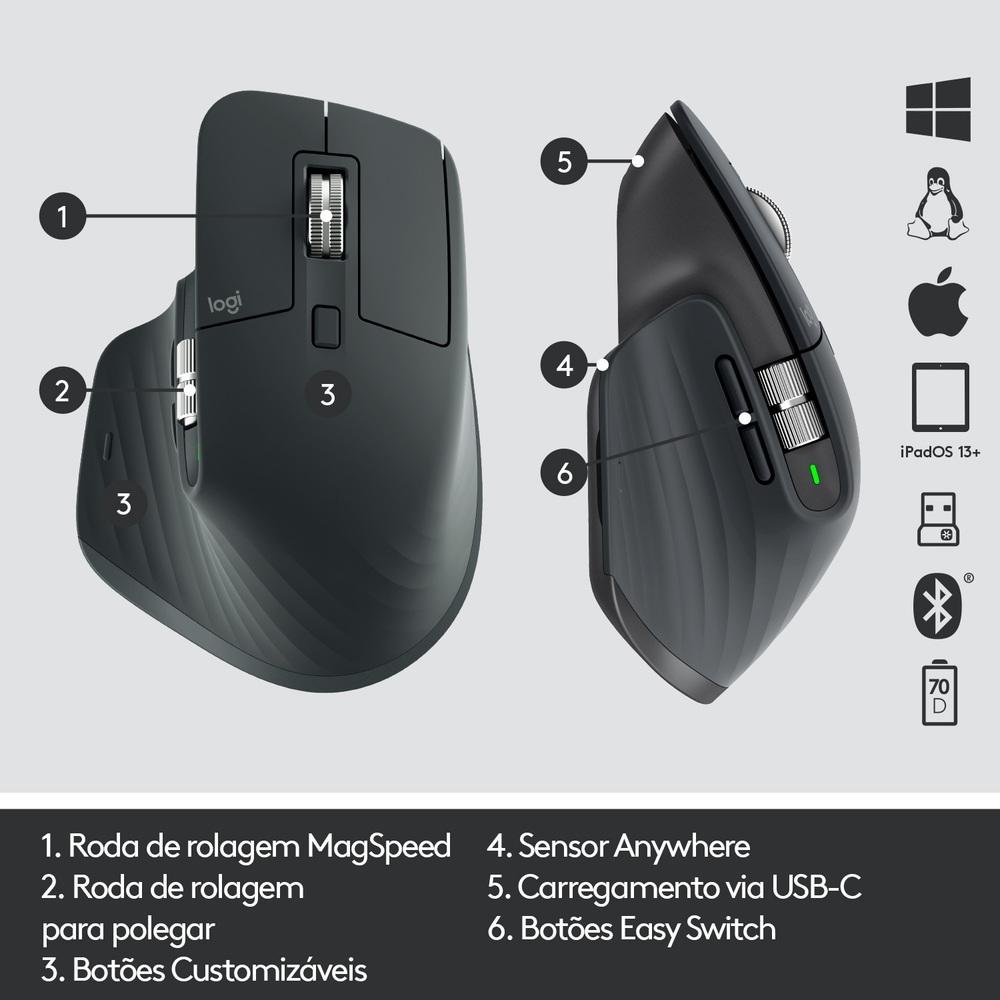 Mouse sem fio Logitech MX Master 3 com Sensor Darkfield para Qualquer Superfície, USB Unifying ou Bluetooth, Recarregável - 910-005647