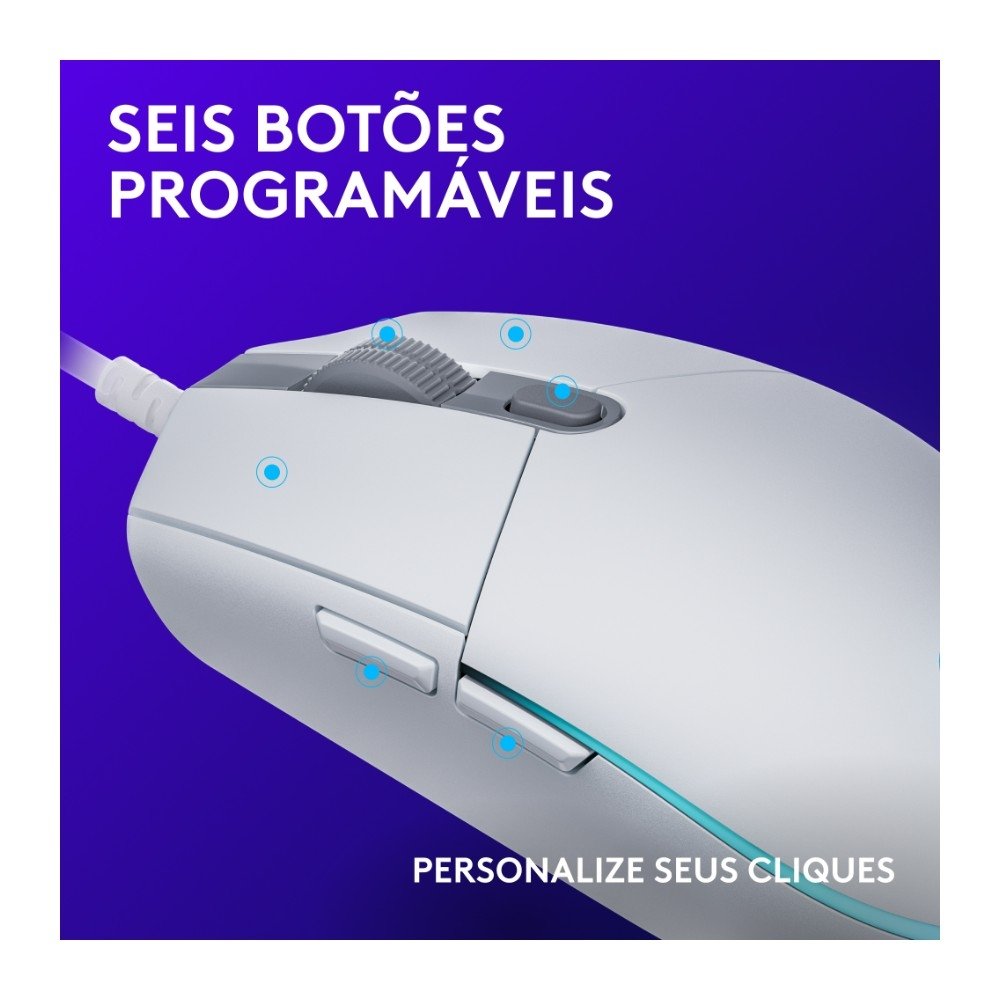 Mouse Gamer Logitech G203 LIGHTSYNC RGB, Efeito de Ondas de Cores, 6 Botões Programáveis e Até 8.000 DPI, Branco - 910-005794 Mouse Gamer Logitech G203 LIGHTSYNC RGB, Efeito de Ondas de Cores, 6 Botões Programáveis e Até 8.000 DPI, Branco - 910-005794