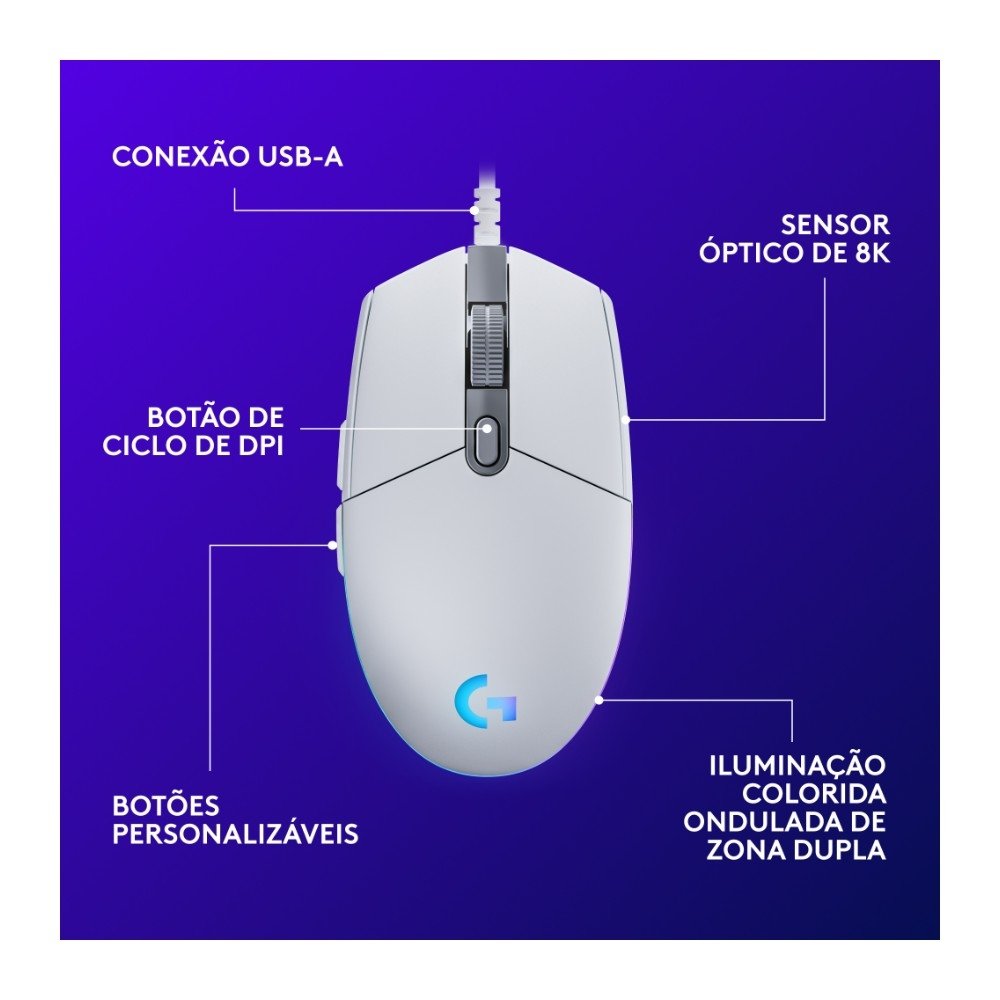 Mouse Gamer Logitech G203 LIGHTSYNC RGB, Efeito de Ondas de Cores, 6 Botões Programáveis e Até 8.000 DPI, Branco - 910-005794 Mouse Gamer Logitech G203 LIGHTSYNC RGB, Efeito de Ondas de Cores, 6 Botões Programáveis e Até 8.000 DPI, Branco - 910-005794
