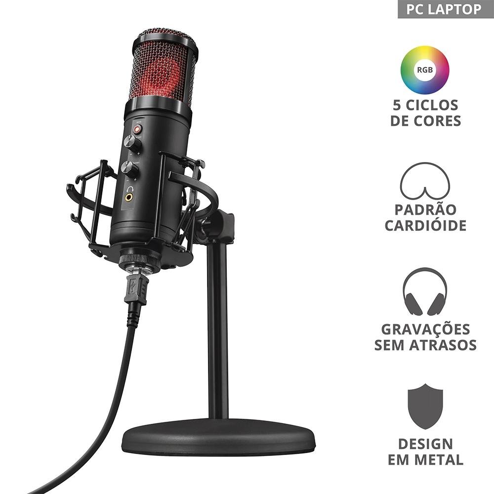 Trust Gaming GXT 256 Exxo USB Streaming Microfoon – Cardioid, Met Statief, Koptelefoonaansluiting, RGB-verlichting – Voor Pc En PS4 – Zwart