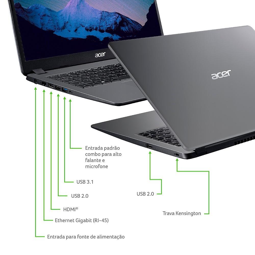 Notebook Acer Aspire 3 Intel Core i3-1005G1, 4GB RAM, HDD 1TB, 15.6" HD, UHD Graphics, Windows 10 Home, Cinza - A315-56-36Z1 Notebook Acer Aspire 3 Intel Core i3-1005G1, 4GB RAM, HDD 1TB, 15.6" HD, UHD Graphics, Windows 10 Home, Cinza - A315-56-36Z1