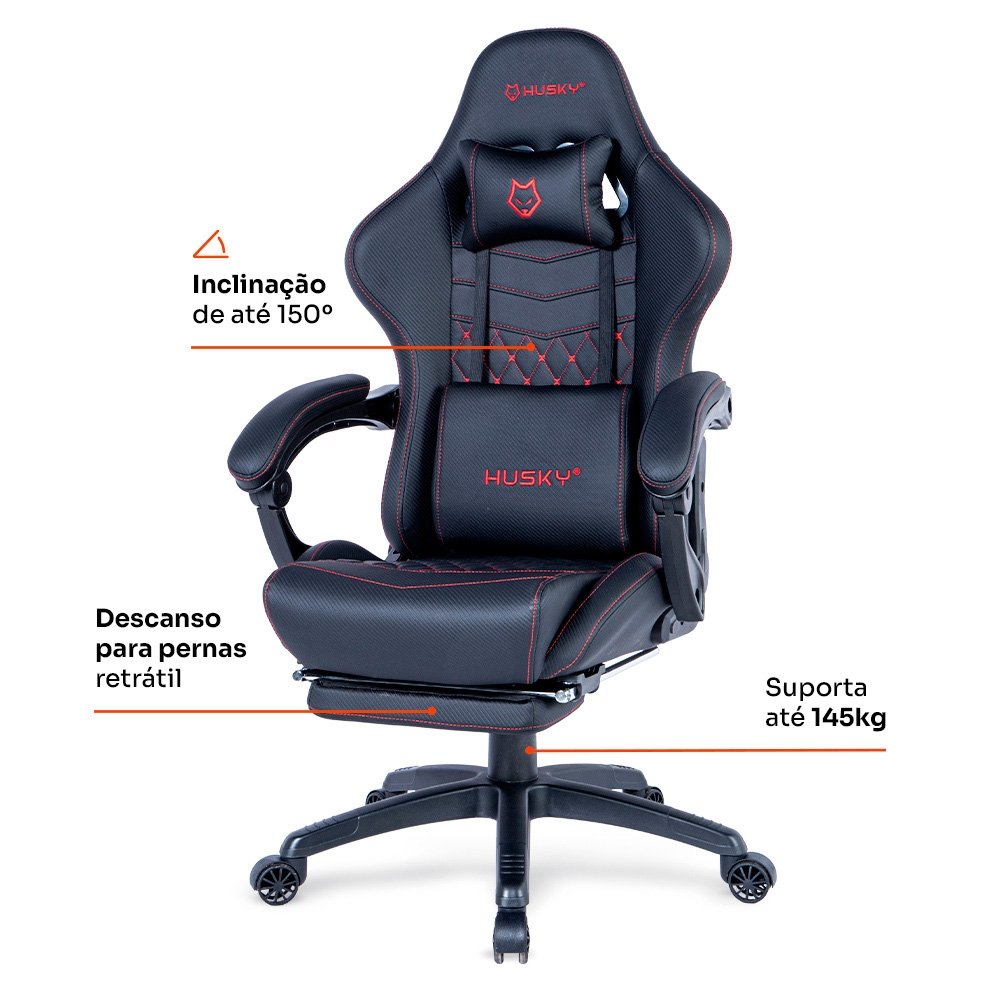 Cadeira Gamer Husky Tempest 700, Até 145kg, Almofadas, Reclinável 150º, PU, Descanso para Pés, Preta e Vermelha - HCG700PTVR - view 8