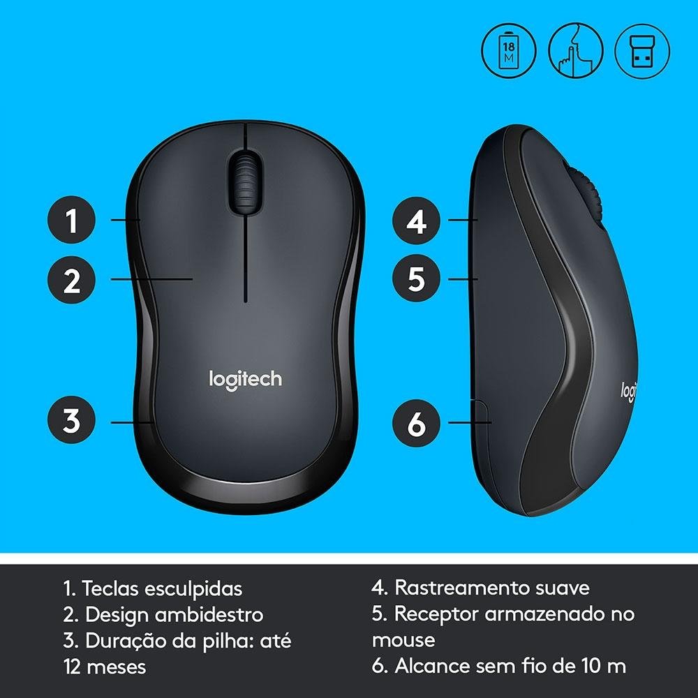 Mouse Sem Fio Logitech M220 com Clique Silencioso, Design Ambidestro Compacto, Conexão USB e Pilha Inclusa, Graphite - 910-006127 Mouse Sem Fio Logitech M220 com Clique Silencioso, Design Ambidestro Compacto, Conexão USB e Pilha Inclusa, Graphite - 910-006127