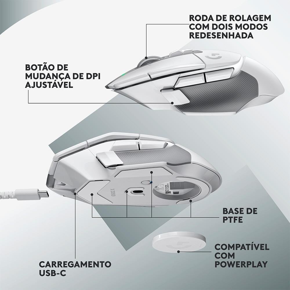 Mouse Gamer Sem Fio Logitech G502 X Lightspeed, 25600 DPI, 13 Botões, Switch, Branco - 910-006188