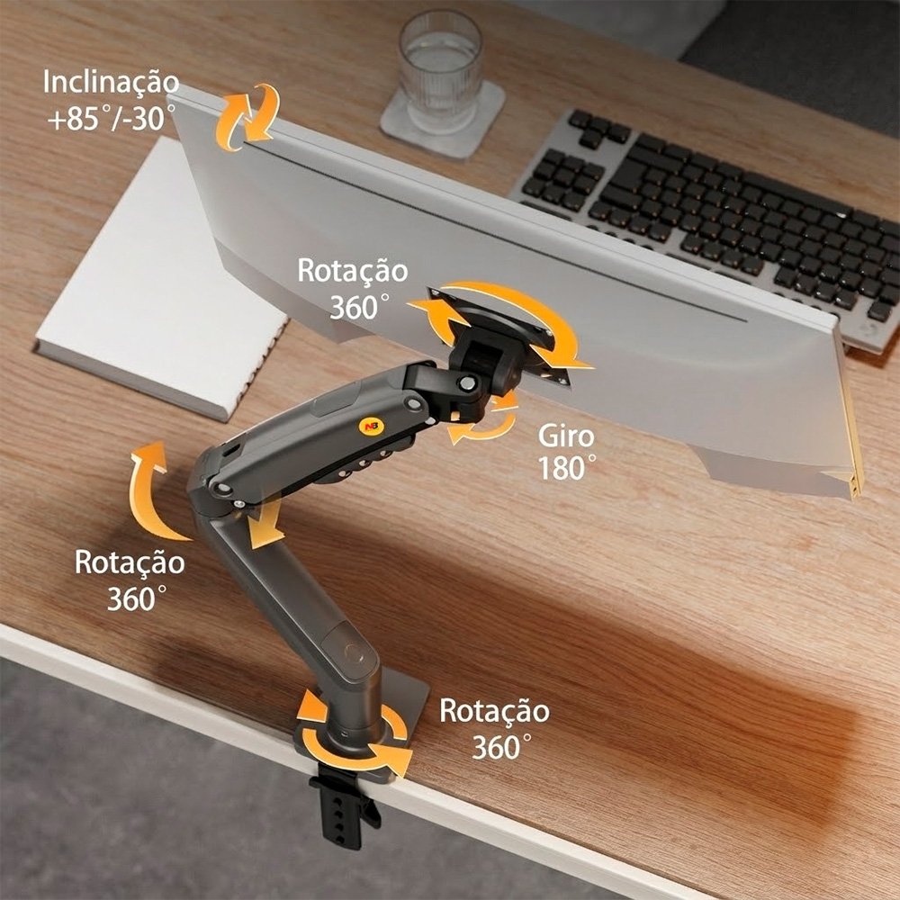 Suporte de Mesa Articulado para Monitor de 17" a 32" North Bayou, Ajustes com Pistão a Gás, Grafite - F80 NB Suporte de Mesa Articulado para Monitor de 17" a 32" North Bayou, Ajustes com Pistão a Gás, Grafite - F80 NB