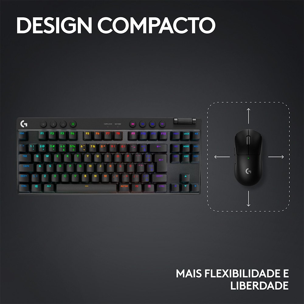 Teclado Gamer Sem Fio Logitech G Pro X com design TKL, Layout US, RGB LIGHTSYNC e Switch Exclusivo GX Brown Tactile, Preto- 920-012127