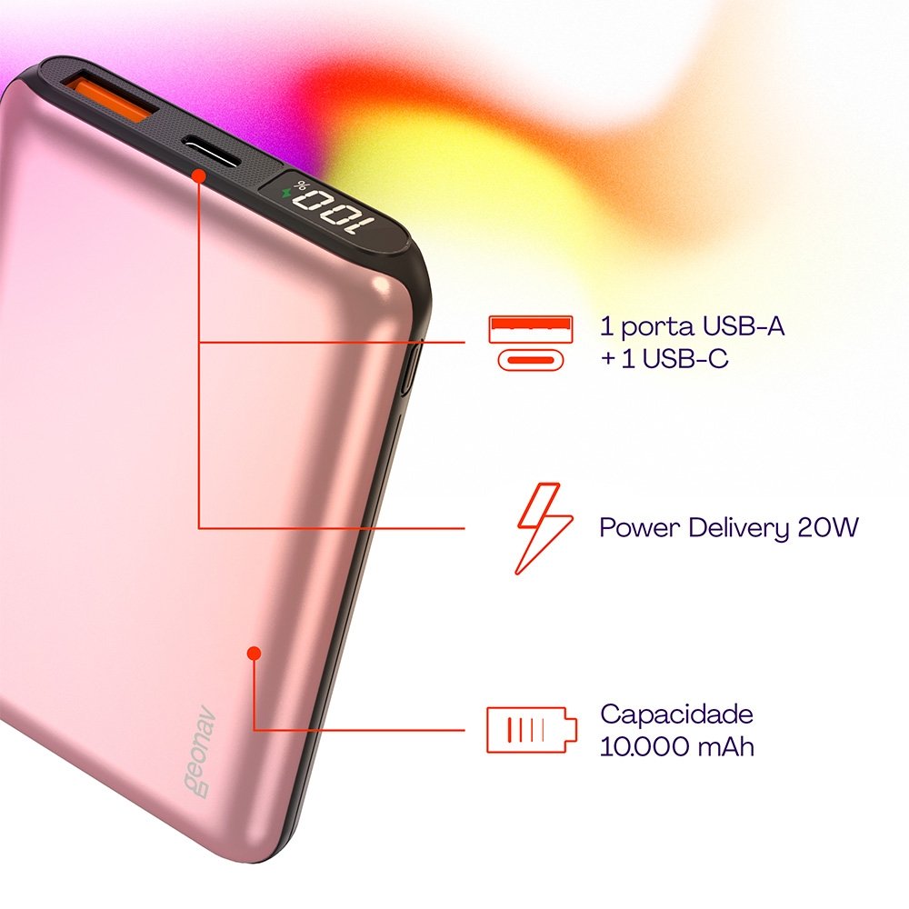 Carregador Portátil Power Bank Geonav, 10.000 MAh, Rosa Dourado - PB10K20WRG Carregador Portátil Power Bank Geonav, 10.000 MAh, Rosa Dourado - PB10K20WRG