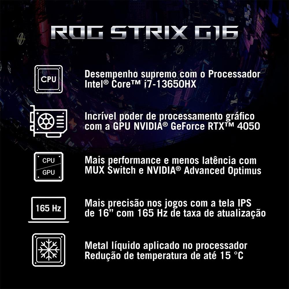 Notebook Gamer ASUS Rog Strix G16 Intel Core I7, 8gb Ram, GeForce Rtx 4050, Ssd 512gb, 16" Fhd, 165hz, Keepos, Eclipse Gray - G614ju-N3367