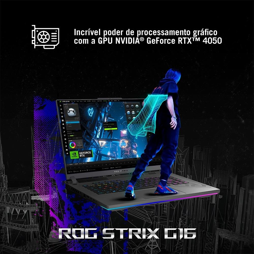 Notebook Gamer ASUS Rog Strix G16 Intel Core I7, 8gb Ram, GeForce Rtx 4050, Ssd 512gb, 16" Fhd, 165hz, Keepos, Eclipse Gray - G614ju-N3367