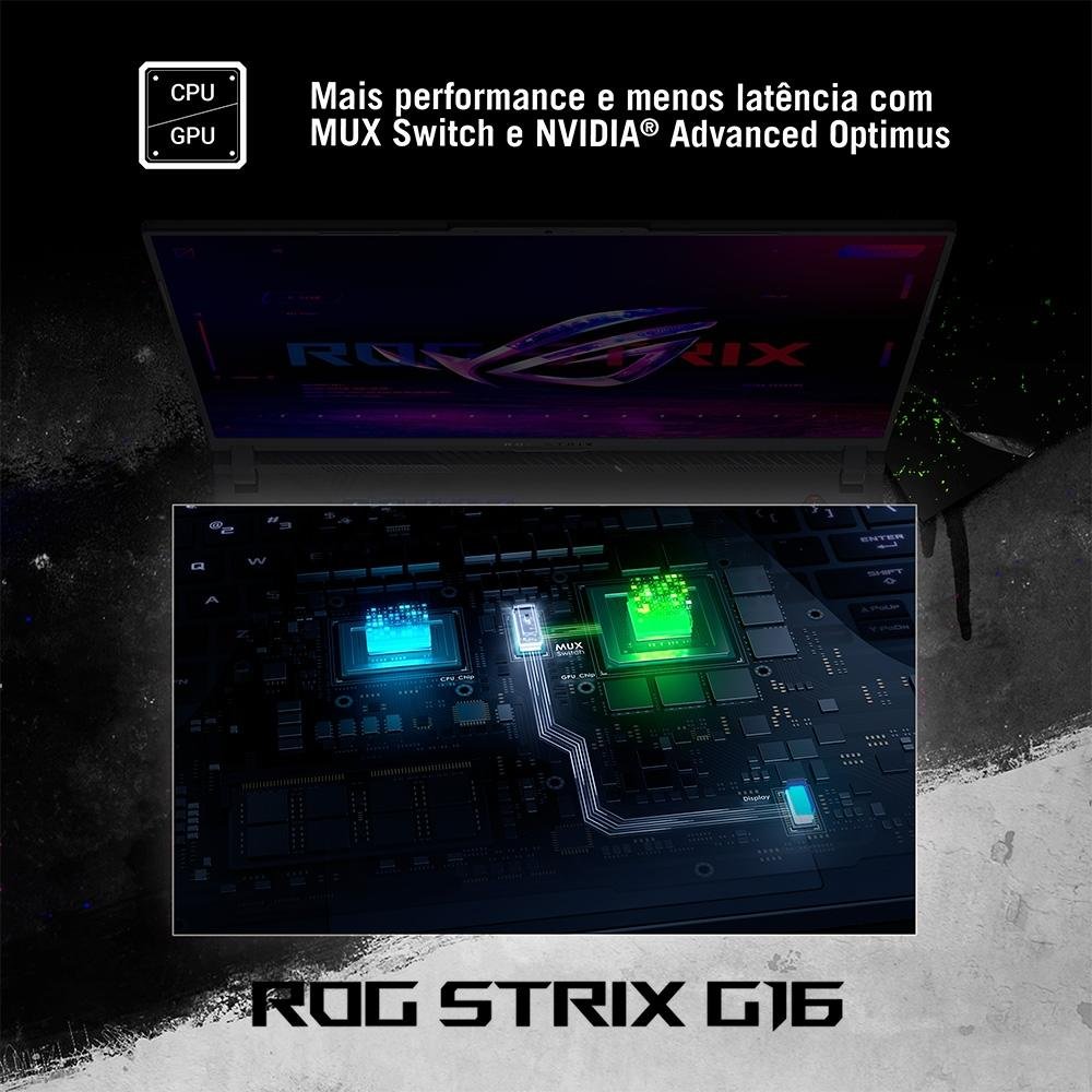Notebook Gamer ASUS Rog Strix G16 Intel Core I7, 8gb Ram, GeForce Rtx 4050, Ssd 512gb, 16" Fhd, 165hz, Keepos, Eclipse Gray - G614ju-N3367