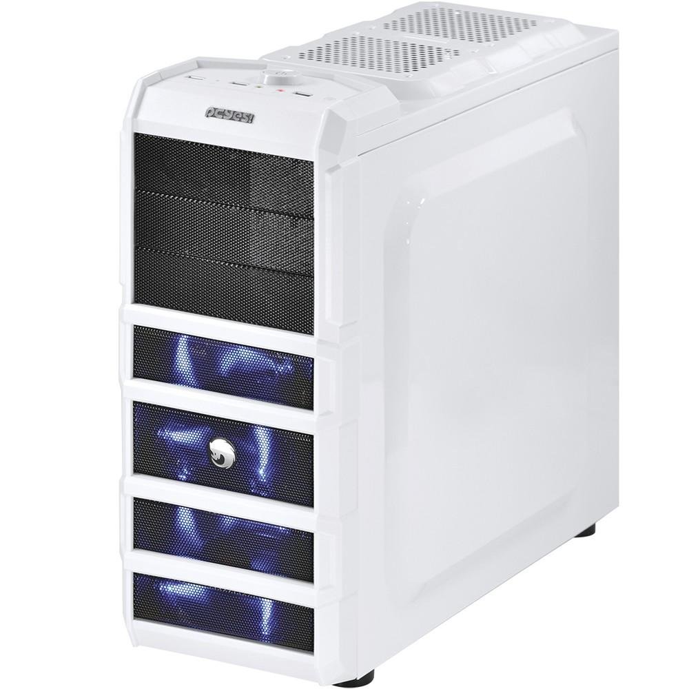 Gabinete Gamer PCYES mid-tower Rhino Branco com  3 fans LED Azul Lateral em acrílico – RHINOBCOAZ3FCA