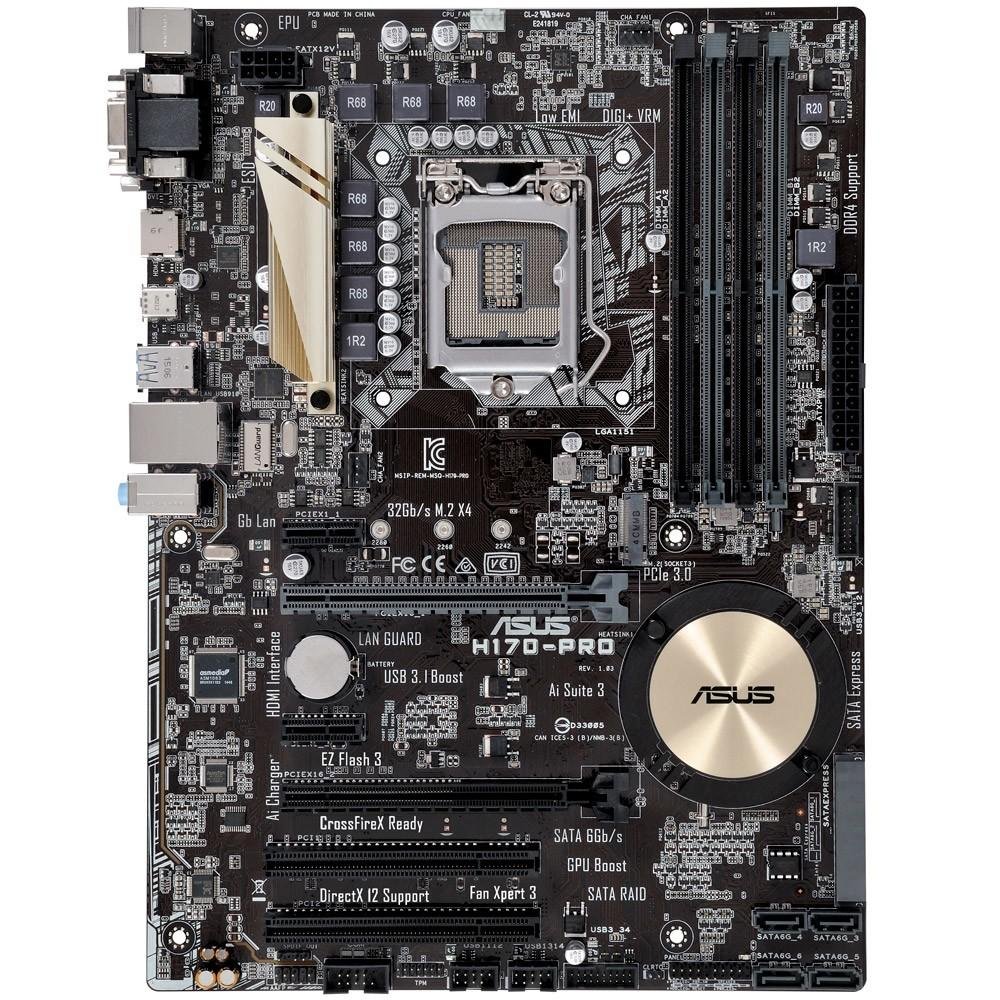 Placa-Mãe ASUS p/ Intel LGA 1151 ATX H170-PRO,4x DDR4,USB3.0 tipo C,Áudio Gamer,CFX,USB3.0 Frontal,M.2,Sata Express,VGA/DVI/HDMI