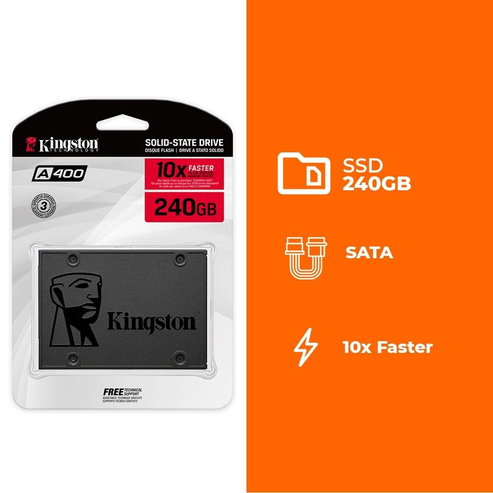 SSD Kingston A400, 240GB, SATA III, 2.5", Leitura: 500MB/s, Gravação: 350MB/s, Preto - SA400S37/240G