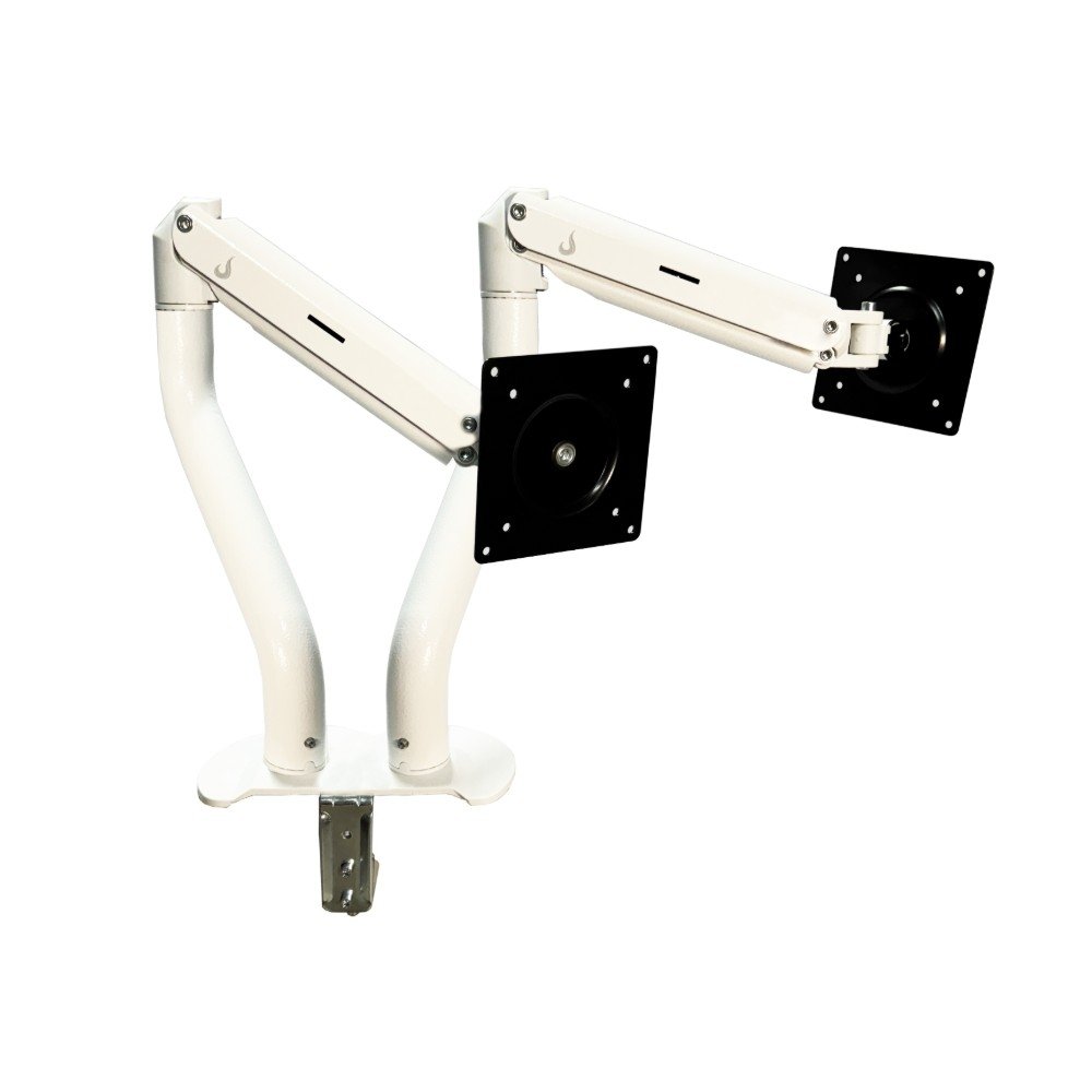 Suporte de Mesa Articulado para 2 Monitores de 15" a 34" Dual Iron Lift Rise Mode, Ajuste de altura, Pistão a Gás, Branco - RM-IL-02-W Suporte de Mesa Articulado para 2 Monitores de 15" a 34" Dual Iron Lift Rise Mode, Ajuste de altura, Pistão a Gás, Branco - RM-IL-02-W