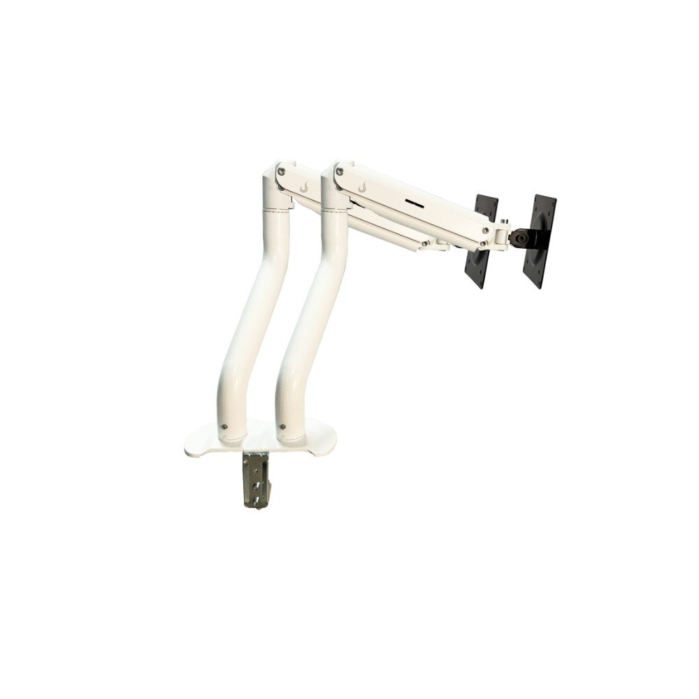 Suporte de Mesa Articulado para 2 Monitores de 15" a 34" Dual Iron Lift Rise Mode, Ajuste de altura, Pistão a Gás, Branco - RM-IL-02-W Suporte de Mesa Articulado para 2 Monitores de 15" a 34" Dual Iron Lift Rise Mode, Ajuste de altura, Pistão a Gás, Branco - RM-IL-02-W