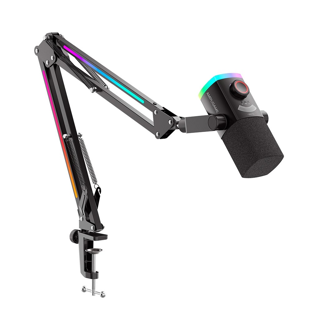 Microfone Dinâmico Gamer Fifine AmpliGame AM8PROT, XLR/USB-C, RGB, Touch Mute, com Braço Articulado - AM8PROT