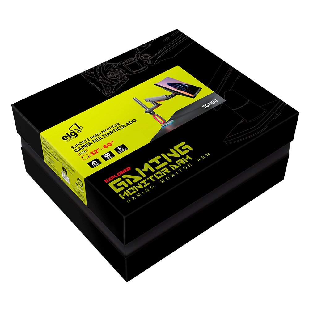 Suporte de Mesa Articulado Gamer para Monitor de 32" a 60" ELG, com Pistão a Gás, VESA, RGB, Vermelho e Preto - SGM04