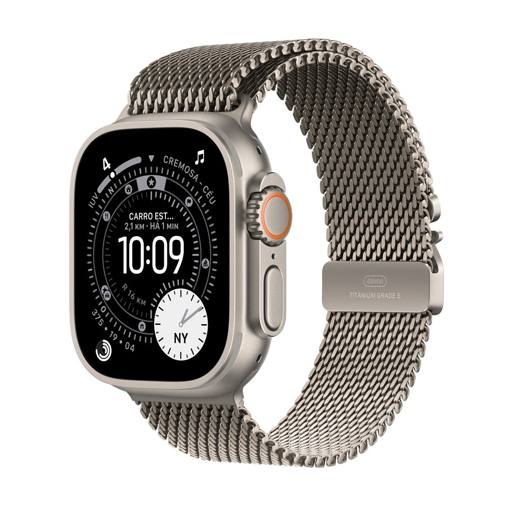 Apple Watch Ultra 3 GPS + Cellular, Caixa Natural de Titânio de 49 mm, Pulseira Natural Estilo Milanês de Titânio, M - MEWY4BE/A