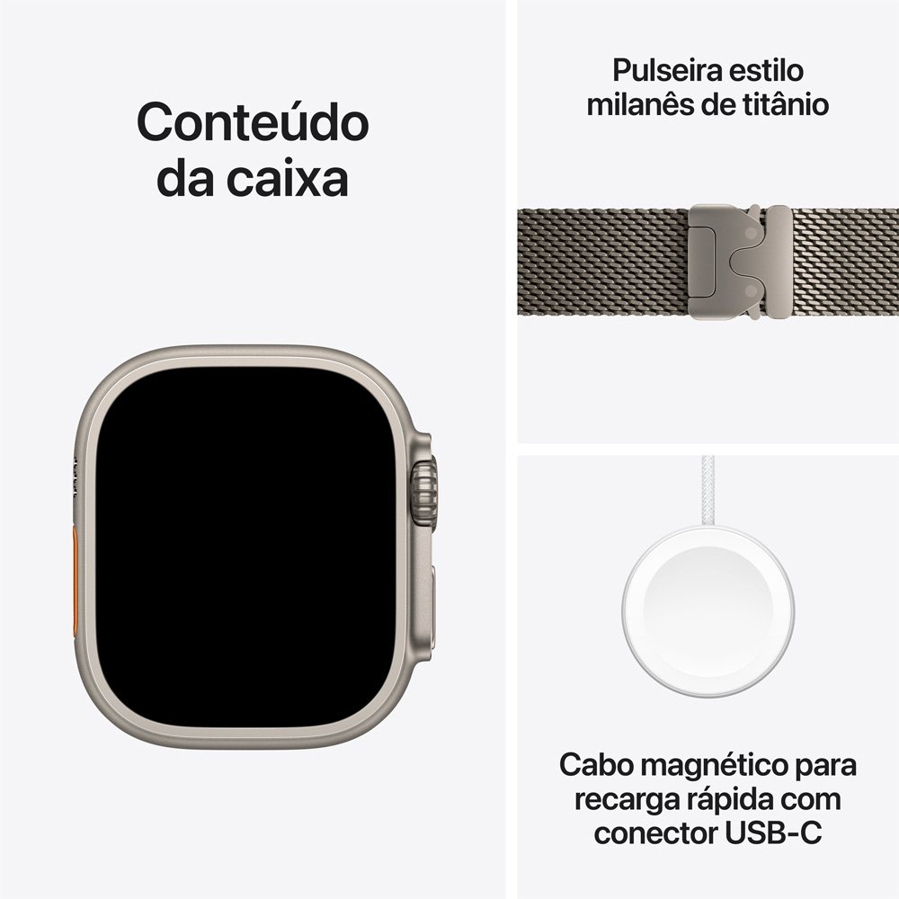 Apple Watch Ultra 3 GPS + Cellular, Caixa Natural de Titânio de 49 mm, Pulseira Natural Estilo Milanês de Titânio, M - MEWY4BE/A