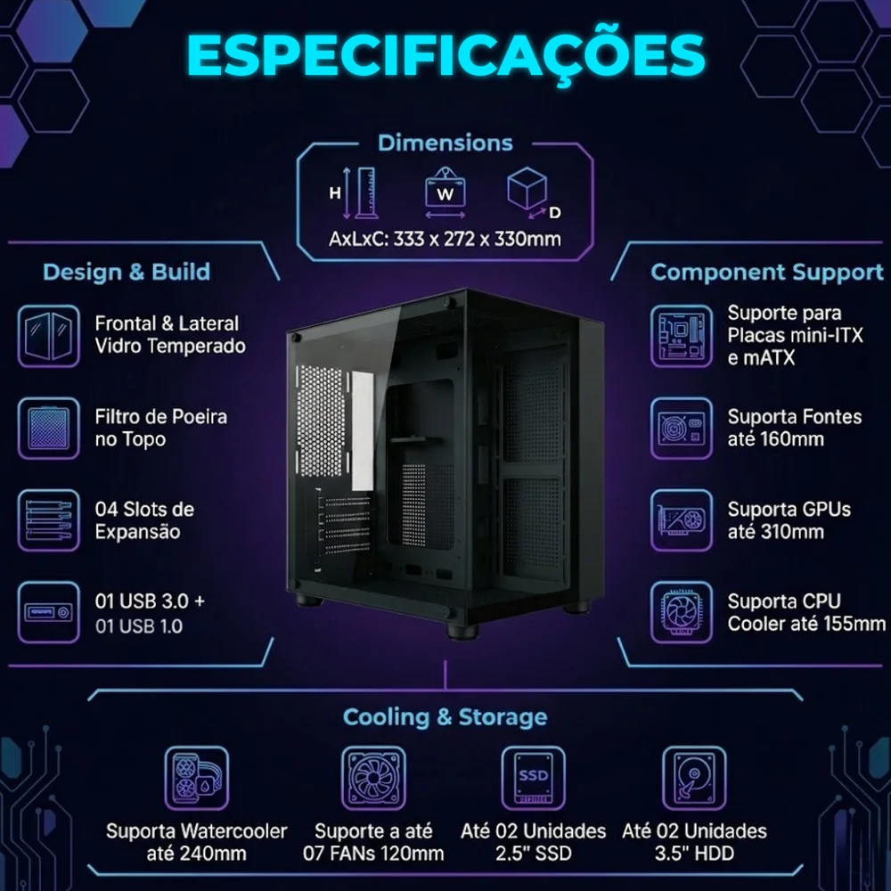 Gabinete Gamer Aquario Preto Bluecase  Bg-064 Pure Sem Fans Micro Atx Matx Vidro Temperado Frontal e Lateral