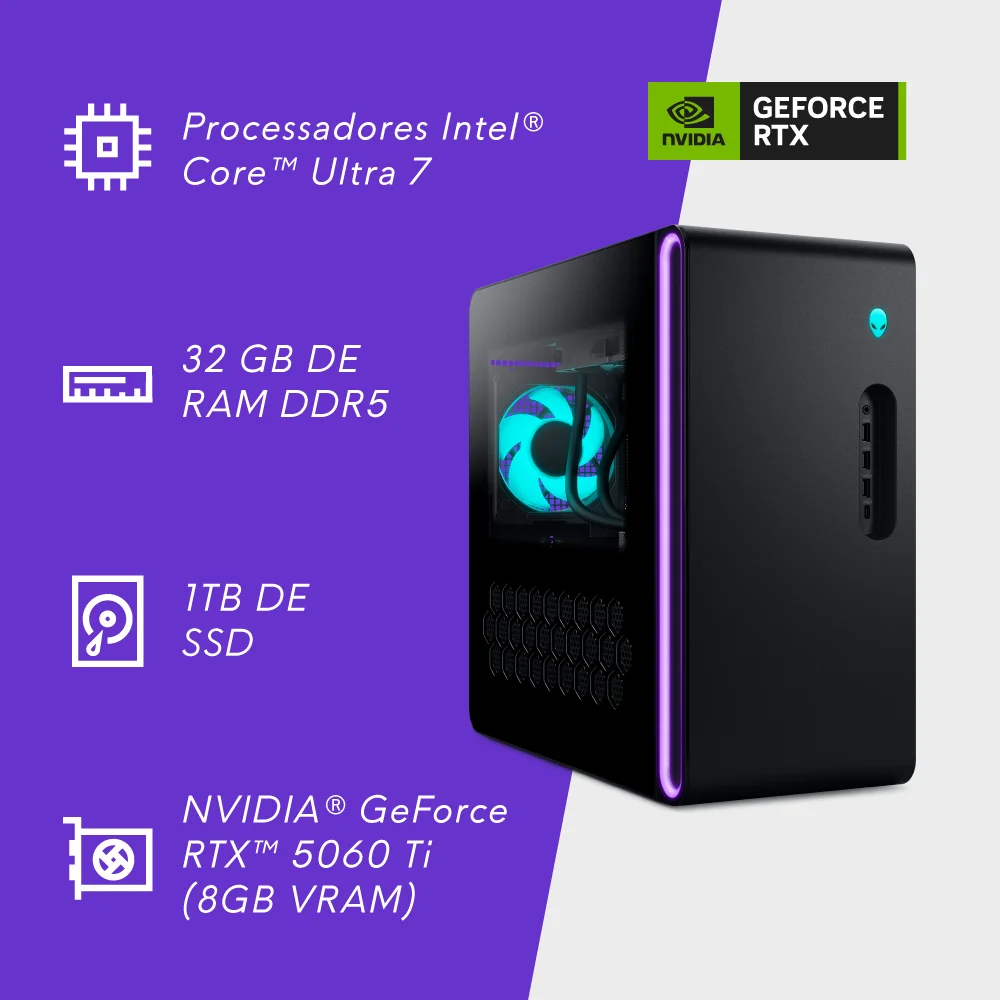 Desktop Dell Alienware Aurora Intel Core Ultra 7 RTX 5060 Ti 32gb 1TB SSD WINDOWS 11 Aw-u7265kf-1m10p - view 3