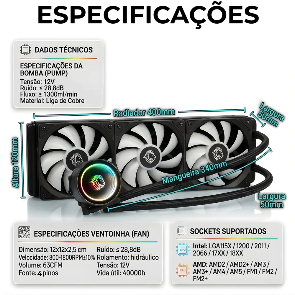 Water Cooler 360mm Gamer com 3 Fans LED RGB Raibow Silencioso Compatível Intel AMD Refrigeração Líquida PC Desktop Water Cooler 360mm Gamer com 3 Fans LED RGB Raibow Silencioso Compatível Intel AMD Refrigeração Líquida PC Desktop