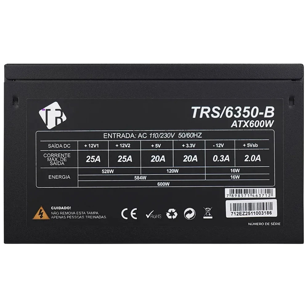 Fonte Atx 600w Tronos Trs-6350-smt, Bivolt, Com Cabo De Energia, Silenciosa - Preto Fonte Atx 600w Tronos Trs-6350-smt, Bivolt, Com Cabo De Energia, Silenciosa - Preto