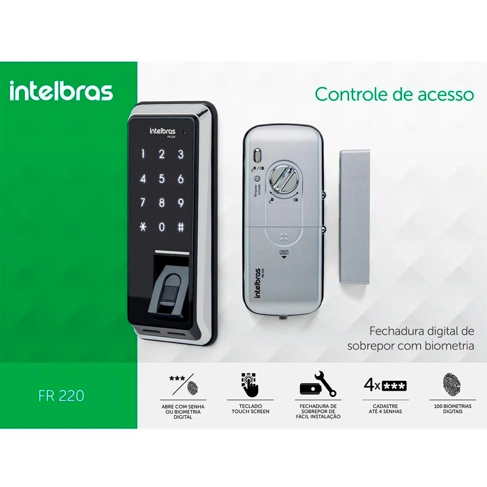 Fechadura Digital Intelbras Fr220, Biometria, Touch Screen, Preto Fechadura Digital Intelbras Fr220, Biometria, Touch Screen, Preto