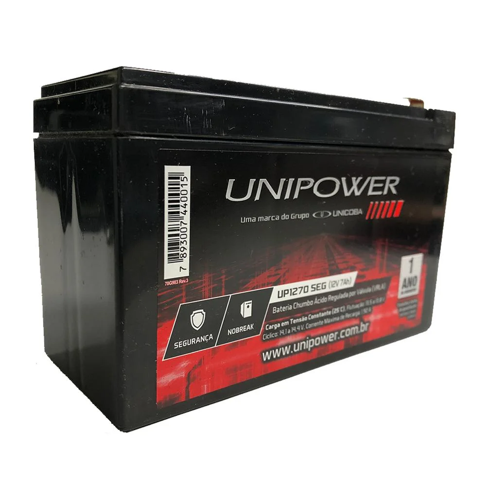 Bateria Selada Unipower, Para Nobreak e Sistemas de Monitoramento E Segurança, 12V, 7.0Ah, Preto - UP1270SEG