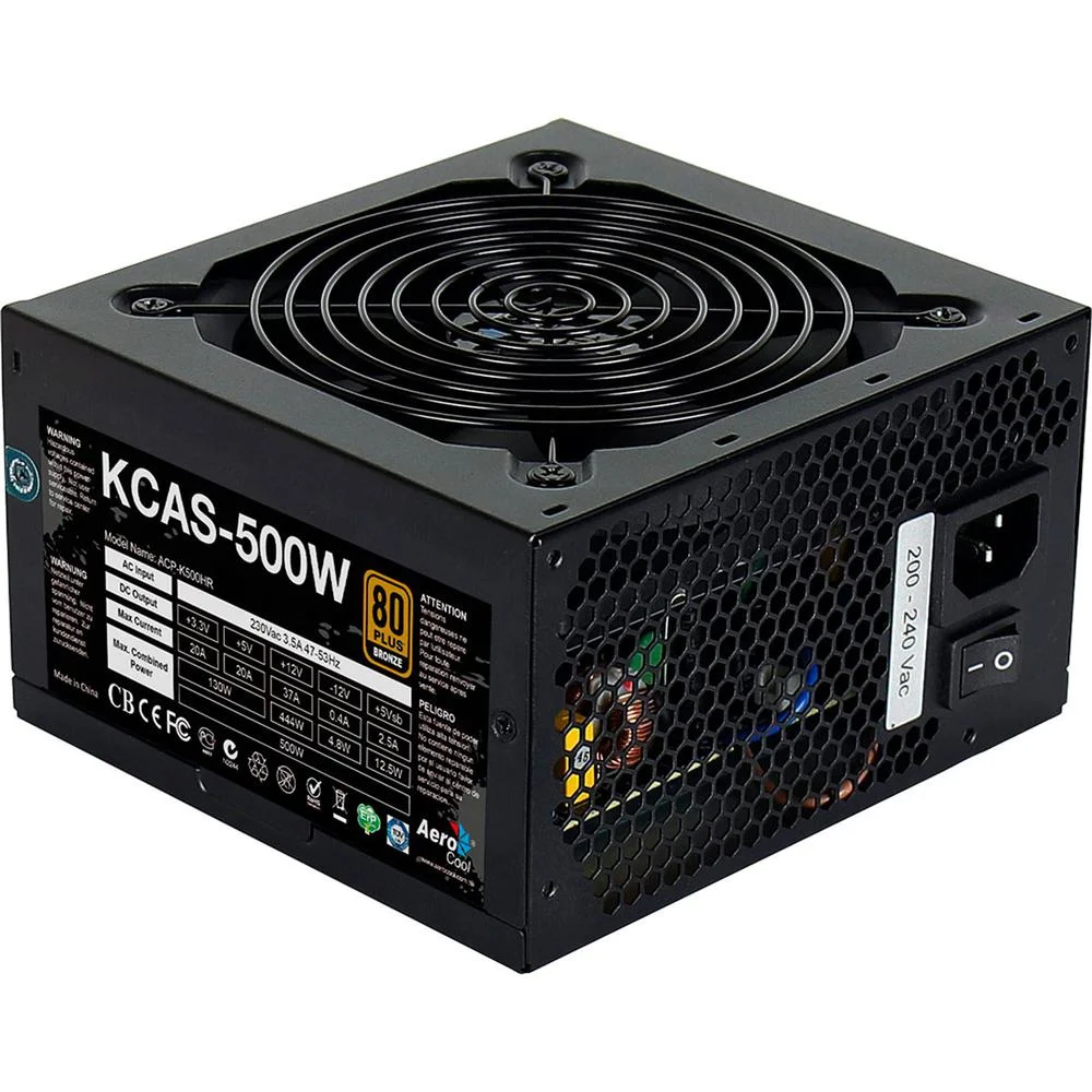 Fonte Aerocool Gamer, 500W, 80 Plus Bronze, PFC Ativo, Full Range, KCAS
