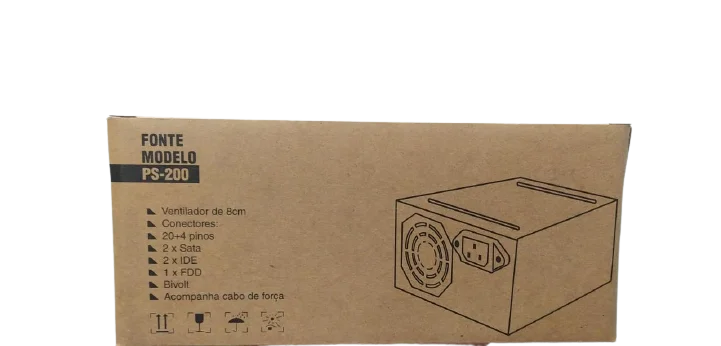 Fonte Evus ATX, 200W, 12V, Sem Cabo, 24P, 2SATA, Com Caixa - PS-200 Fonte Evus ATX, 200W, 12V, Sem Cabo, 24P, 2SATA, Com Caixa - PS-200