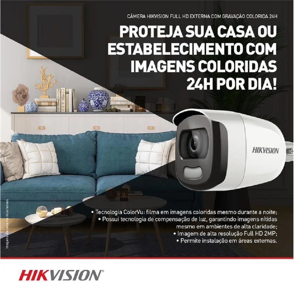 Câmera De Segurança Hikvision Mini Bullet, Colorvu, FHD, 2.8mm - Ds-2ce10df0t-pf