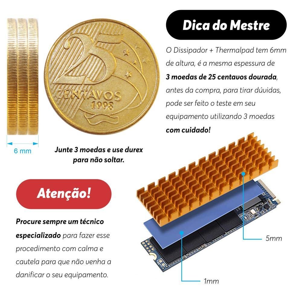 Dissipador Para Ssd M2 Nvme E Ngff 2280 6mm Em Alumínio + Thermal Pad, Alta Eficiência E Maior Refrigeração Cor:dourado Dissipador Para Ssd M2 Nvme E Ngff 2280 6mm Em Alumínio + Thermal Pad, Alta Eficiência E Maior Refrigeração Cor:dourado