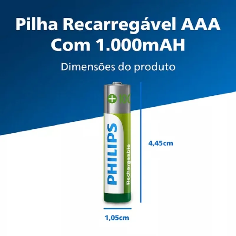 Pilha Recarregável Philips, AAA, Com 4 Palito, 1000MAH
