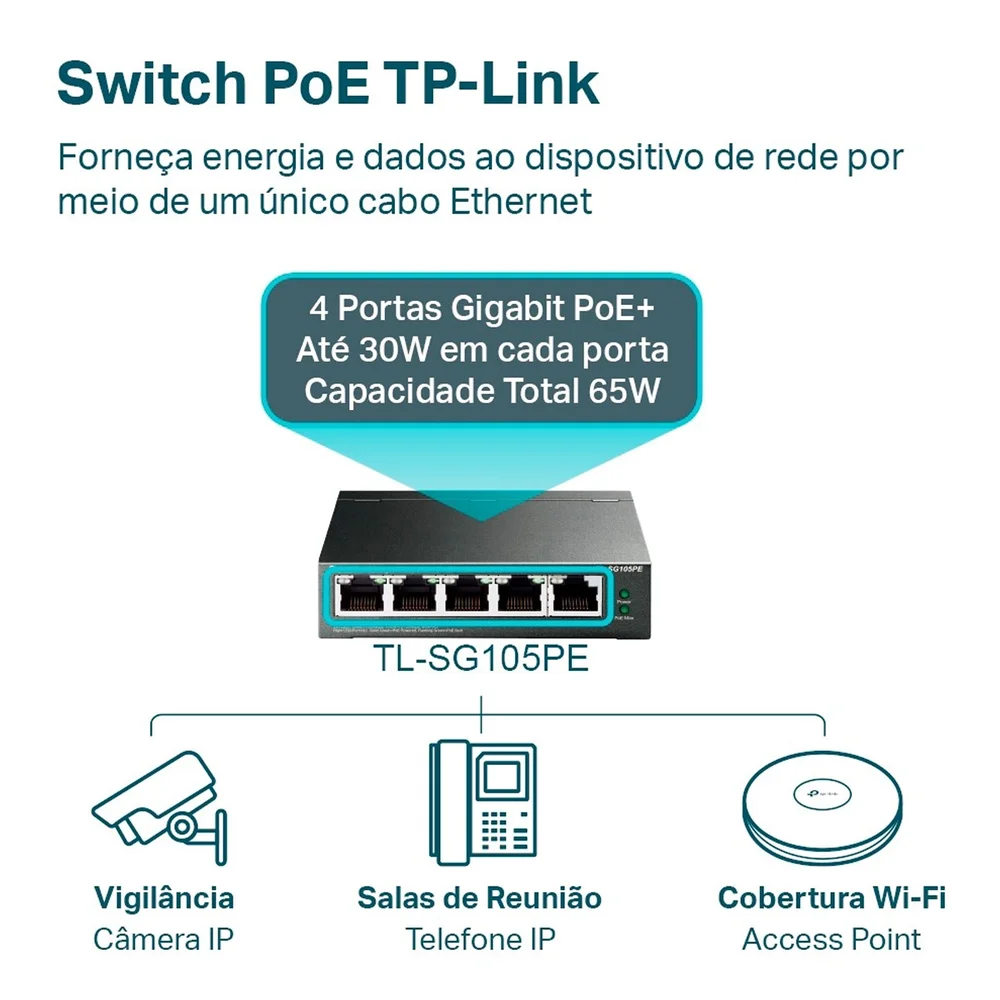 Switch Gigabit, Easy Smart 10/100/1000 C/ 5 Portas (sendo 4 Poe) - Tl-sg105pe SMB