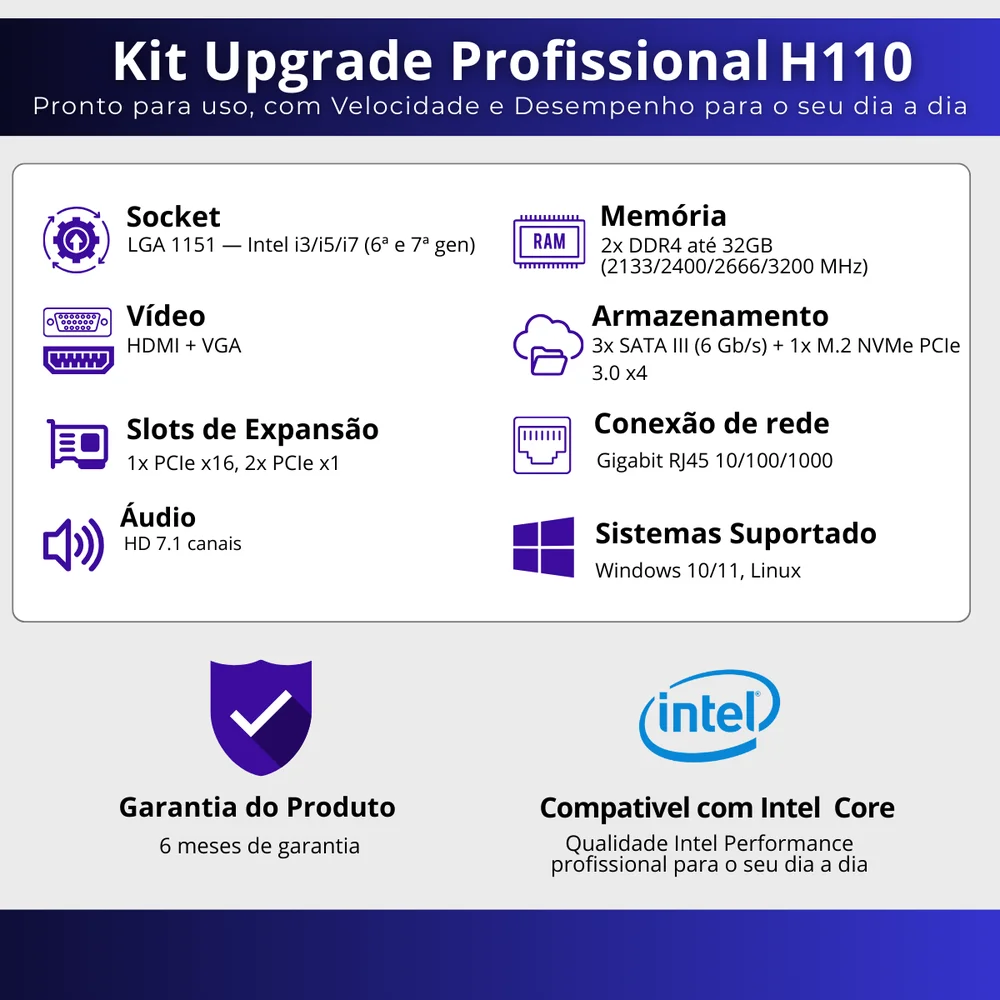 Kit Placa Mãe H110 + Processador I7 7700 + Memória 8GB DDR4 + Cooler + M.2 256GB - Powerpc