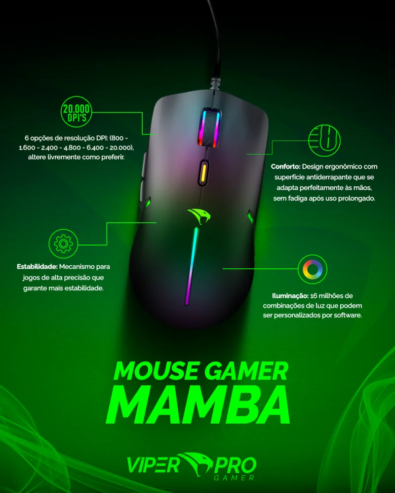 Mouse Gamer Viper Pro Preto Bivolt KaBuM
