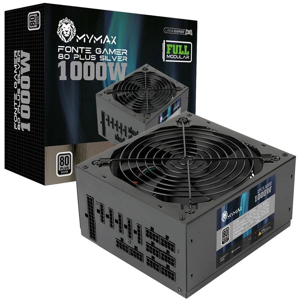 Fonte ATX Mymax 1000W, 80 Plus Silver, Pfc Ativo, Modular - Mpsu/fp1000w