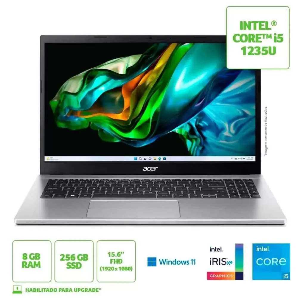 Notebook Acer Aspire 3 Intel Core i5-1235u, 8GB RAM, SSD 256GB, Tela 15.6" Full HD, Windows 11, Prata - A315-59-51yg Notebook Acer Aspire 3 Intel Core i5-1235u, 8GB RAM, SSD 256GB, Tela 15.6" Full HD, Windows 11, Prata - A315-59-51yg