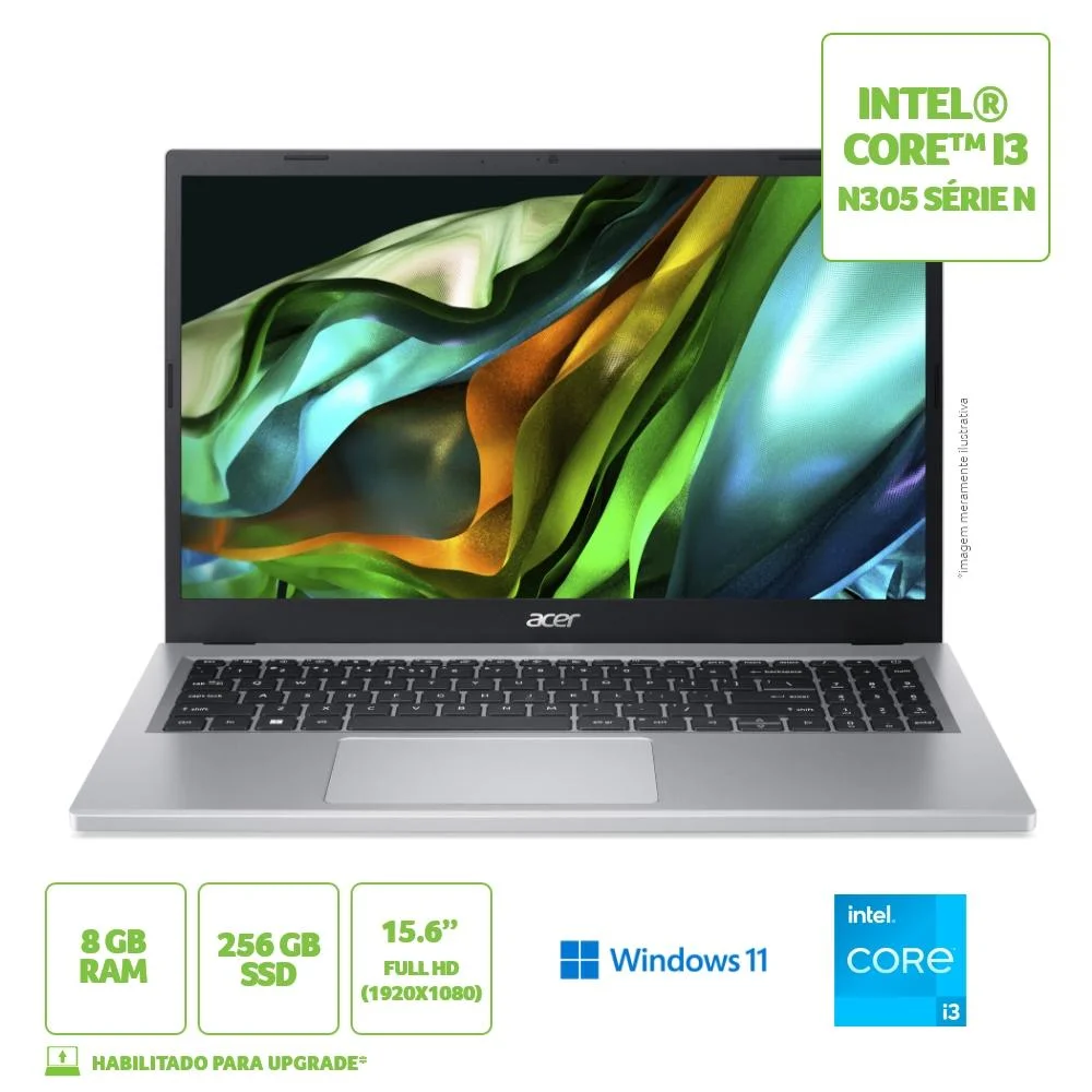 Notebook Acer Aspire 3 Intel Core i3-N305, 8GB RAM, SSD 256GB Nvme, 15.6", Windows 11, Prata - Aspire 3 A315-510p-34xc