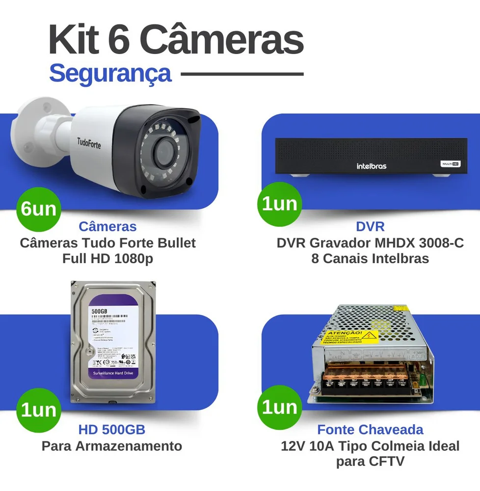 Kit 6 Câmeras Intelbras Tf 1220b, Full Hd 1080p, Com Visão Noturna 20m, Proteção Ip66 + Dvr Gravador Intelbras Mhdx 3008-c, 8 Canais + Hd 500gb