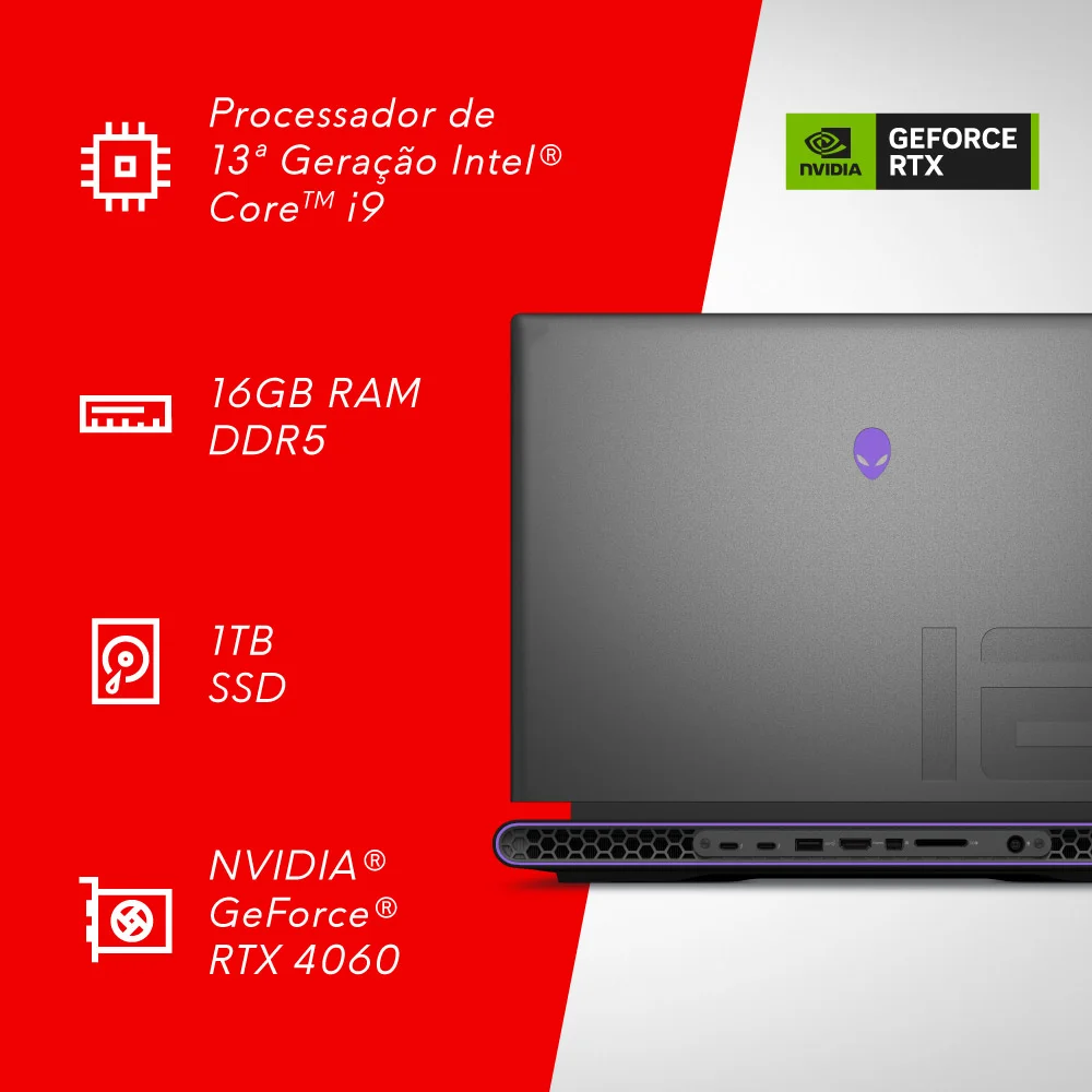 Notebook Dell Alienware M16, 13ª Geração Intel Core i9, 16GB, Nvidia®RTX 4060, 1TB SSD, Tela de 16" Polegadas QHD, Windows 11
