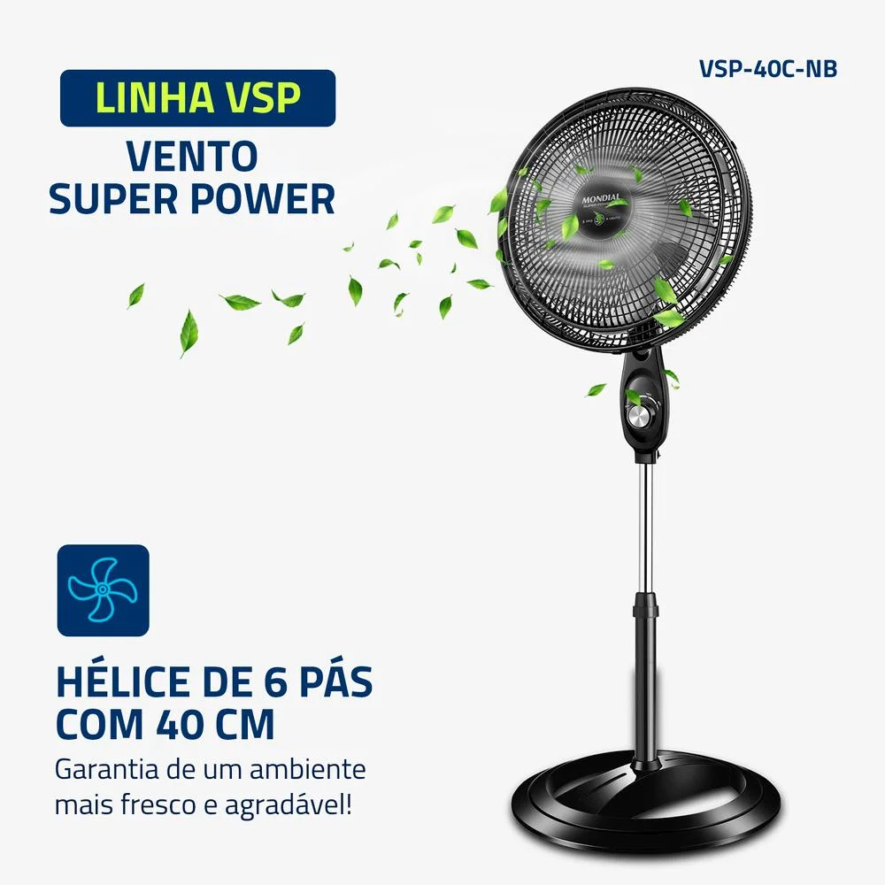 Ventilador De Coluna Mondial Vsp-40c Super Power, Com 3 Velocidades, Modo Silencioso, Preto/Prata, 220V Ventilador De Coluna Mondial Vsp-40c Super Power, Com 3 Velocidades, Modo Silencioso, Preto/Prata, 220V